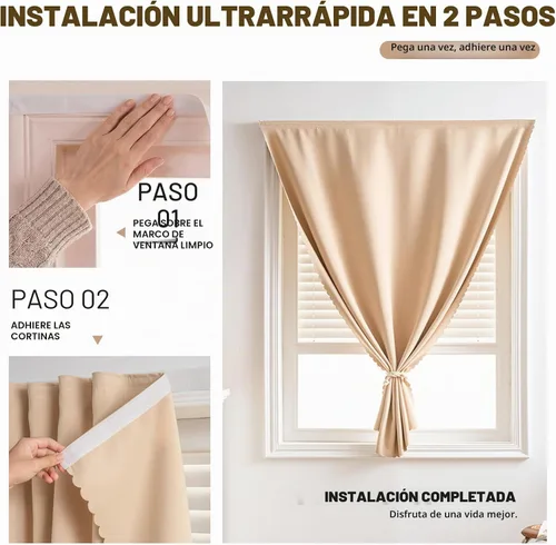 Vista 2 de Cortinas autoadhesivas, sin taladrar, sin varilla, cortinas opacas fáciles de instalar para persianas de ventana, dormitorio