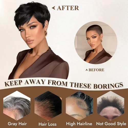 Vista 6 de RUWISS Peluca de cabello humano con corte Pixie, peluca de cabello humano con flequillo, peluca negra corta natural en capas, ondulada, diferentes