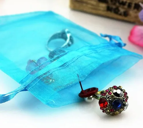 Vista 5 de Juego de 50 bolsas de organza de regalo con cordón azul aguamarina de 4 x 6 pulgadas para baby shower, Navidad, boda, recuerdos de fiesta, despedida