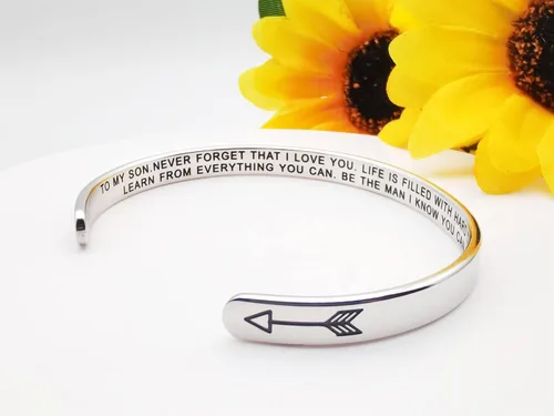 Vista 360 de Pulseras inspiradoras para mujer, joyería de acero inoxidable, con refranes, pulsera motivacional con mensaje oculto, pulseras grabadas para mejor