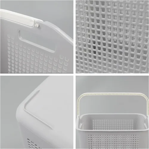 Vista 3 de Paquete de 4 cestas de plástico para ropa sucia de 35 L, cesta de almacenamiento con asa, color gris