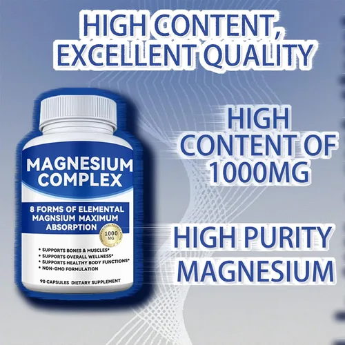 Vista 2 de Complejo de magnesio de 1000 mg con 8 formas: glicinato, citrato, malato, taurato para absorción, apoya hueso, músculo, energía y recuperación