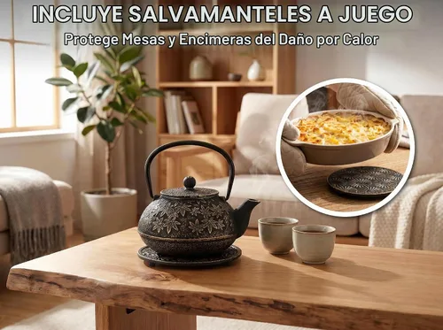 Vista 4 de Juego de 3 teteras japonesas de hierro fundido de gran capacidad de 40 onzas con salvamanteles e infusor de té de hojas sueltas, tetera de hierro