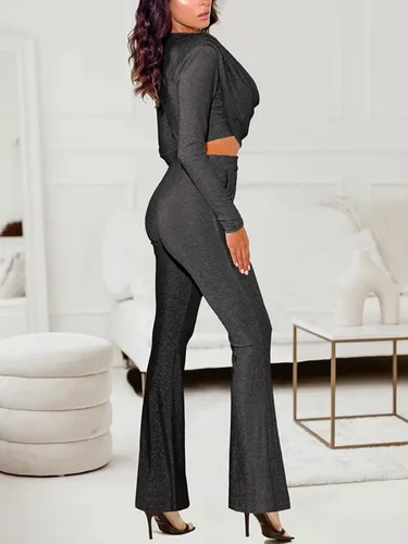 Vista 3 de Annystore Conjunto casual de 2 piezas para mujer, de manga larga, fruncido, brillante, bodycon y pantalones acampanados de cintura alta, conjunto