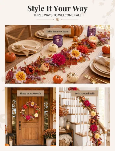 Vista 9 de NUPTIO Guirnalda de otoño de 6 pies para manto: decoración de otoño para el Peonía y dalia - Morado