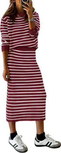 Vista 9 de PRETTYGARDEN - Conjunto de falda de suéter a rayas de 2 piezas para mujer Rayas de albaricoque