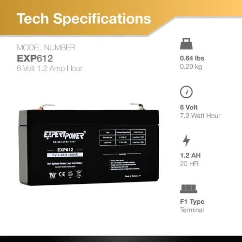 Vista 2 de Baterías selladas de ácido de plomo ExpertPower 6v 1.2 Ah, Negro