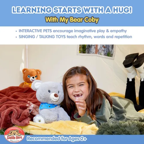 Vista 4 de Cuddle Barn My Bear Coby - Animal de peluche animado de oso de peluche, canto gris de 11 pulgadas