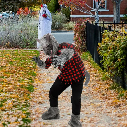 Vista 6 de Jeyiour Paquete de 6 disfraces de hombre lobo de Halloween con parte superior a cuadros rojos, capucha y guantes para colmillos para fiesta