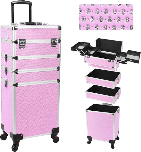 Vista 8 de Estuche de maquillaje profesional con ruedas, estuche de tren de maquillaje 5 en 1, carrito de maquillaje cosmético, estuche de cosmetología