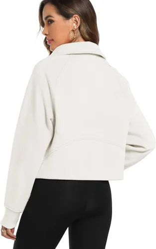 Vista 4 de LaLaLa Women's Cropped Sweatshirt Half Zip Fleece Quarter Zipper Pullover Hoodies Fall Outfits Clothes with Thumb Hole