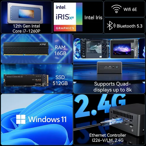 Vista 3 de Intel NUC 12 Pro, para ASUS NUC12 Pro Wall Street Canyon Mini PC, 16 GB de RAM, SSD de 512 GB, CPU Intel Core i7-1260P