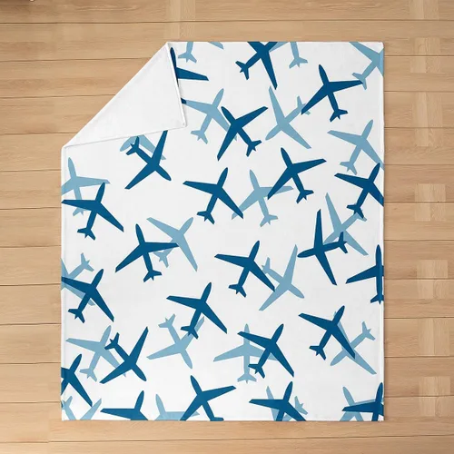 Vista 3 de Castle Fairy Manta de forro polar Sherpa con estampado de aviones para niños, manta de franela de dibujos animados para sofá, avión, azul y blanco