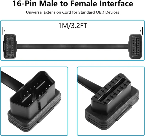 Vista 2 de CERRXIAN 3.2FT 1M OBDII OBD2 ángulo recto 16 Pin macho a hembra Cable plano de extensión, herramienta de escaneo OBDII Extensor de diagnóstico Cable