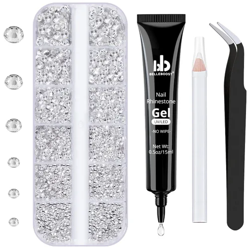 Vista 24 de Kit de pedrería para uñas BELLEBOOST, 15ml de pegamento de gel con strass + gemas coloridas + cristales de vidrio flatback AB y gemas transparentes