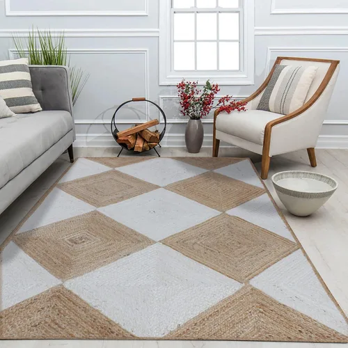 Vista 4 de Collection - Alfombra de pasillo de 2.6 x 4 pies, alfombra trenzada de yute blanca y beige, alfombra geométrica kilim para interiores y exteriores