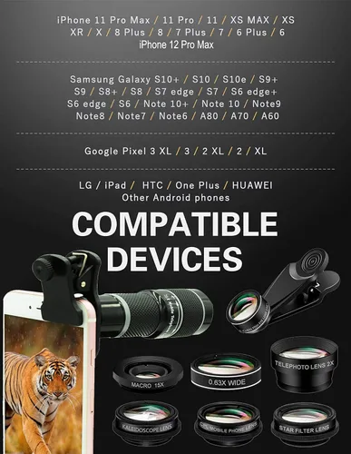 Vista 12 de Kit de lentes de cámara para teléfono celular, 11 en 1, teleobjetivo universal 20x, 0.63 gran angular, 15X macro, 198° ojo de pez, 2X telefoto