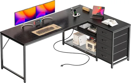 Vista 14 de PRAISUN Escritorio pequeño para computadora de 43.3 pulgadas con tomas de corriente y puerto USB-C, escritorio esquinero reversible en forma de L
