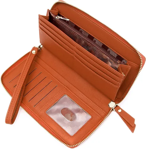 Vista 2 de VOCUS Cartera de mujer con bloqueo RFID de cuero PU con cremallera alrededor, gran cartera de viaje larga, con tarjetero y tira para la muñeca Marrón