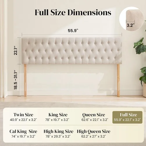 Vista 5 de Kingfun Cabecera capitonada tapizada para cama de tamaño completo con diseño moderno de botones, cabecera ajustable de madera maciza, cabeceros Rosa