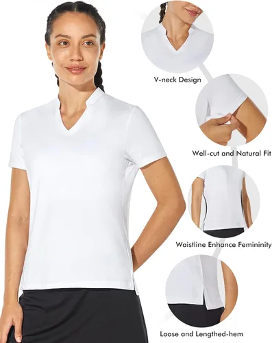 Vista 2 de Camisa de golf para mujer, sin cuello, cuello en V, manga corta, ligera, absorbe la humedad, secado rápido