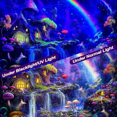 Vista 5 de Kanuyee Tapiz de luz negra de neón para colgar en la pared, bosque encantado, cascada, tapices para dormitorio, tapices UV, para colgar en la pared