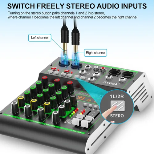 Vista 5 de Mezclador de audio Aveek, mezclador de 4 canales con Bluetooth y grabación USB DJ Mixing Console with 99 DSP Effects, 48V Phantom Power, PC