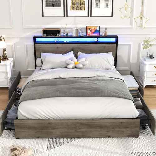 Vista 11 de Kiivakii Base de cama de tamaño matrimonial con cabecero, plataforma LED con 4 cajones de almacenamiento, estación de carga integrada, sin ruido