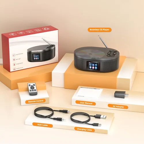 Vista 8 de DESOBRY, Reproductor de CD Boombox portátil con modos Bluetooth TX/RX y Negro