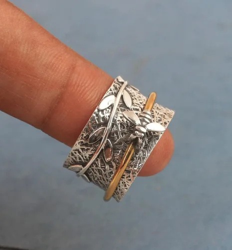 Vista 3 de Anillo giratorio de plata de ley con diseño de hoja de meditación de abeja de miel y abeja