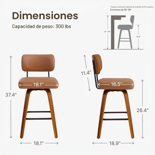 Vista 2 de Juego de 2 taburetes de bar giratorios de 26 pulgadas de altura de Marrón