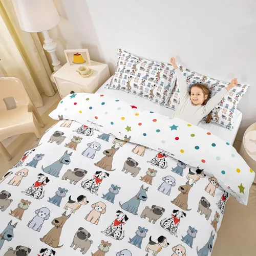 Vista 2 de Erosebridal Juego de funda de edredón para niños con diseño de perritos y cachorros de caricaturas, para niñas y niños, bonita funda de edredón