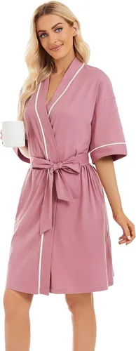 Vista 102 de COLORFULLEAF Bata de baño de manga corta para mujer, 100% algodón, longitud hasta la rodilla, con bolsillos