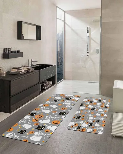Vista 2 de Tapete de baño gris de Halloween para bañera, antideslizante, de secado rápido y absorbente, tierra de diatomeas, fregadero, dormitorio, cocina
