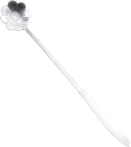 Vista 3 de 16 cucharaditas de café en forma de flor Cosmos – Cuchara de acero inoxidable de 7 pulgadas con mango largo para helado – Plata