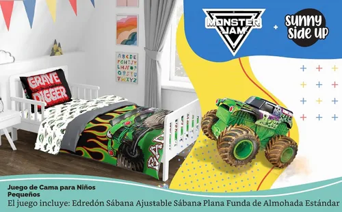 Vista 2 de Sunny Side Up Monster Jam - Juego de edredón para niños pequeños, ropa de cama preescolar de 4 piezas, incluye edredón, sábanas y funda de almohada