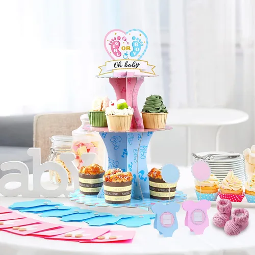 Vista 6 de Decoración de soporte para cupcakes para fiesta de revelación de género, azul y rosa de 3 niveles para baby shower, suministros de cartón para niños