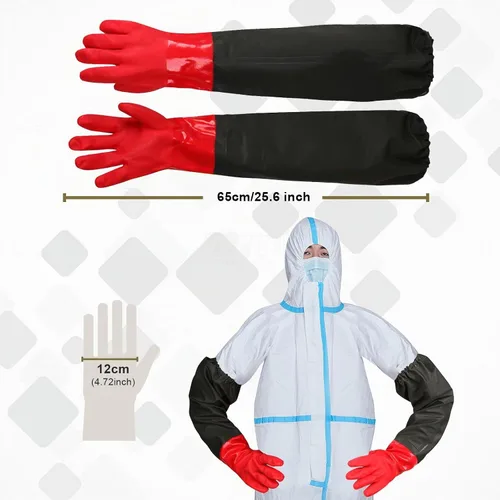 Vista 2 de Guantes impermeables extralargos de 25" con forro de algodón - Uso pesado, limpieza de acuarios y estanques, trabajo con mariscos