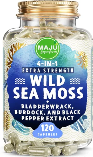 Vista 6 de MAJU - Cápsulas de musgo marino orgánico 4 en 1, Chondrus Crispus salvaje, musgo marino con fucus vesiculoso + raíz de bardana, más fuerte que