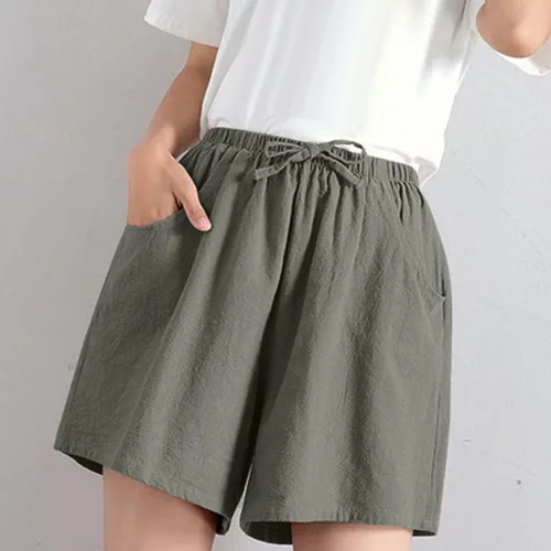 Vista 3 de YYNS Bermudas para mujer, pantalones cortos casuales de cintura alta, de lino, sueltos, delgados, de pierna ancha, pantalones cortos de lino