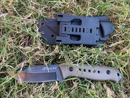 Vista 3 de Cuchillo táctico de caza de hoja fija - Espiga completa, marrón coyote