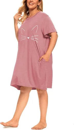 Vista 5 de Camisones de talla grande para mujer, ropa de dormir con gráficos, vestidos de noche con bolsillos