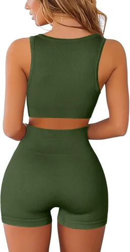 Vista 2 de QINSEN Conjuntos de entrenamiento sin costuras para mujer, brasier deportivo acanalado de cintura alta, pantalones cortos para correr, gimnasio