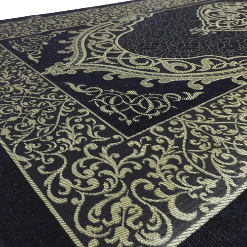Vista 5 de Modefa Alfombra de oración de chenilla tejida musulmana, otomana negra + azul Felpa fina y tafetán turco intrincada metalizado otomano otomano