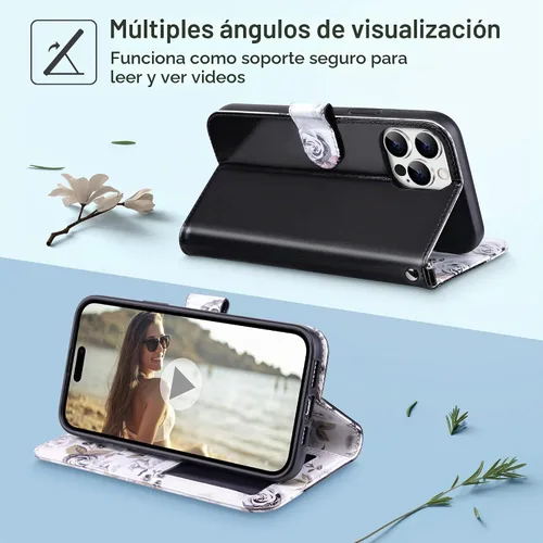 Vista 4 de ULAK Funda tipo cartera compatible con iPhone 15 Pro con tarjetero y diseño de flores, para mujeres y niñas, piel sintética, con función atril