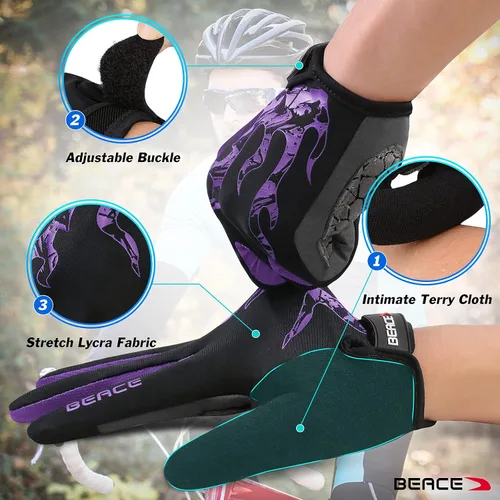 Vista 5 de BEACE Guantes de ciclismo, guantes de ciclismo para hombres y mujeres, con pantalla táctil, guantes de bicicleta de montaña con dedo completo