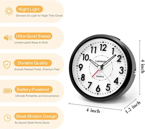 Vista 2 de Lamisola Reloj de escritorio pequeño, funciona con pilas, reloj despertador analógico compacto para dormitorio, oficina en casa, baño, cocina