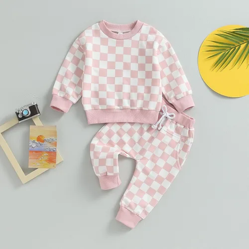 Vista 2 de Karwuiio Conjunto de sudadera de manga larga con estampado de tablero de ajedrez y pantalones, ropa de otoño