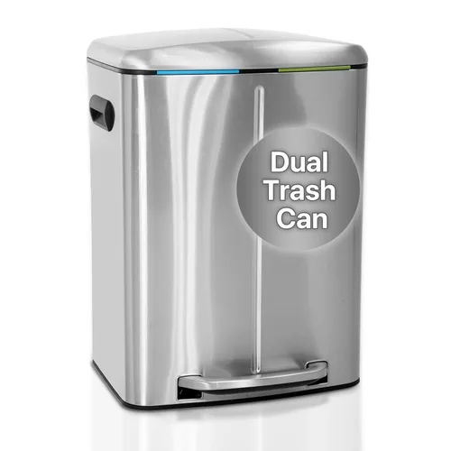 Vista 9 de Basurero de cocina de acero inoxidable de 16 galones/60 litros con tapa y doble barril, cubo de basura clasificado de alta capacidad para reciclaje