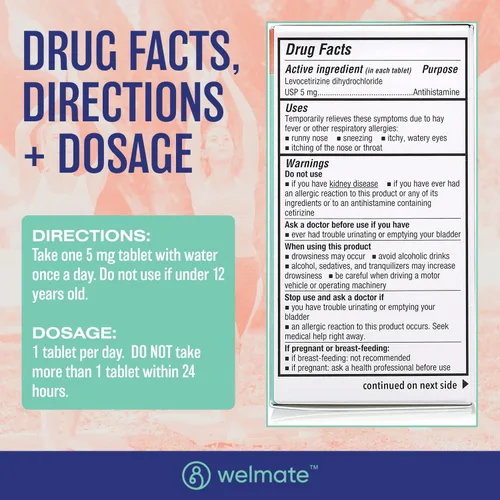 Vista 4 de WELMATE - Dihidrocloruro de levocetirizina 5 mg (180 ct) - Medicina contra la alergia sin somnolencia - 24 horas - Antihistamínico - Píldoras
